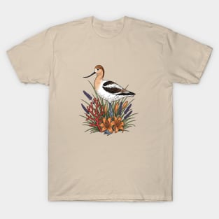 Botanical American Avocet Among Wildflowers Bird Illustration T-Shirt